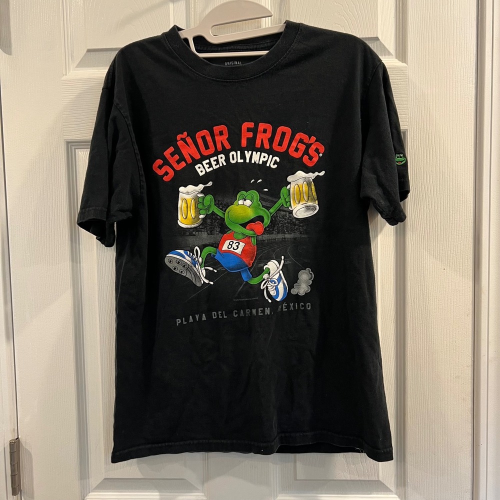 Senor Frogs Beer Olympic T-Shirt Playa Del Carmen Mexico Black Mens Small
